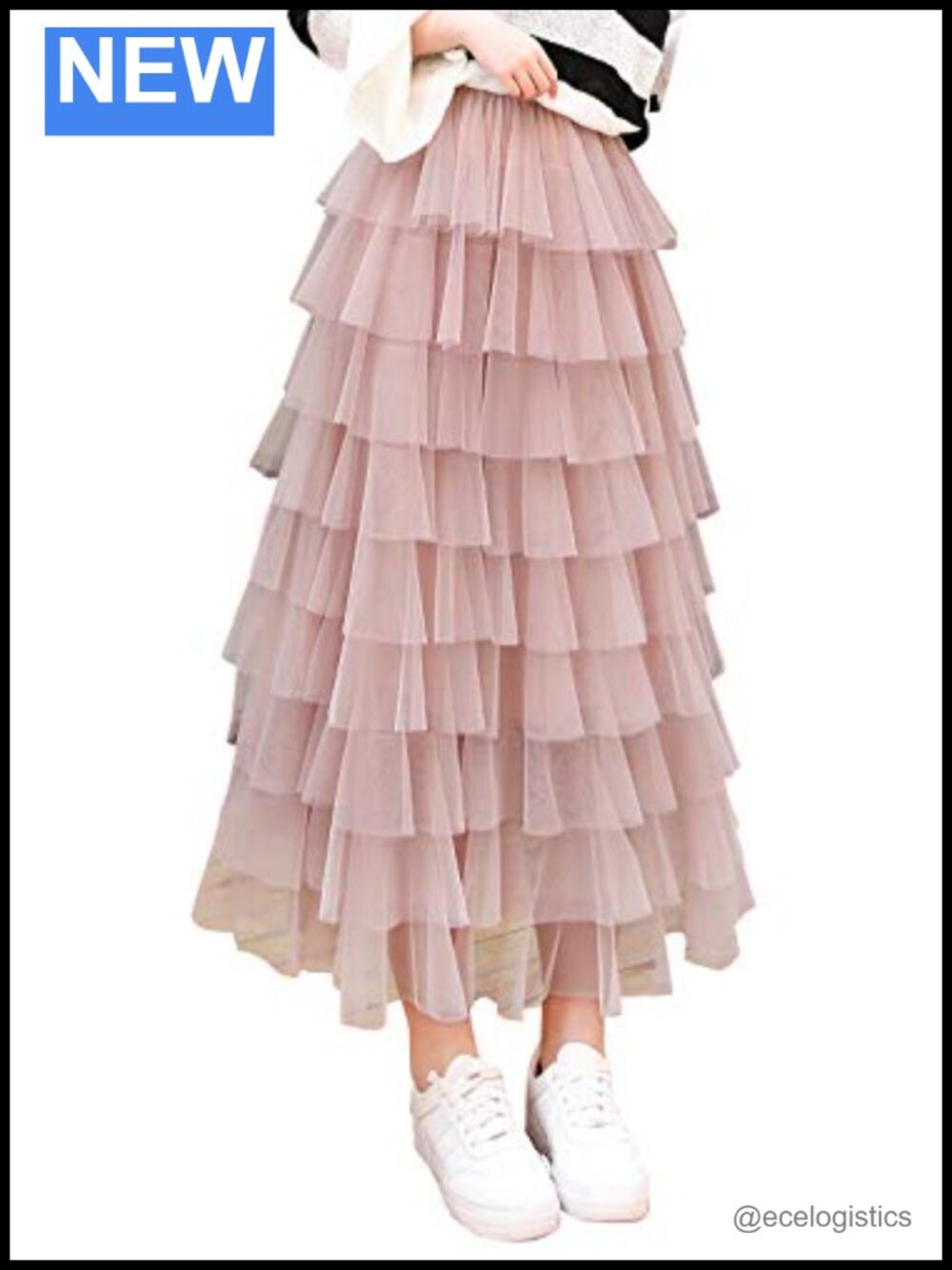 Tulle Layered Ruffles High Rise Pleated Midi Tiered Skirt Elastic Waist